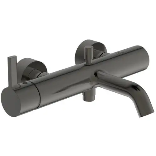Wandmontierte Badarmatur in dunkler Farbgebung mit zwei Bedienhebeln, gefertigt von Ideal Standard. Das Design ist minimalistisch und funktional.